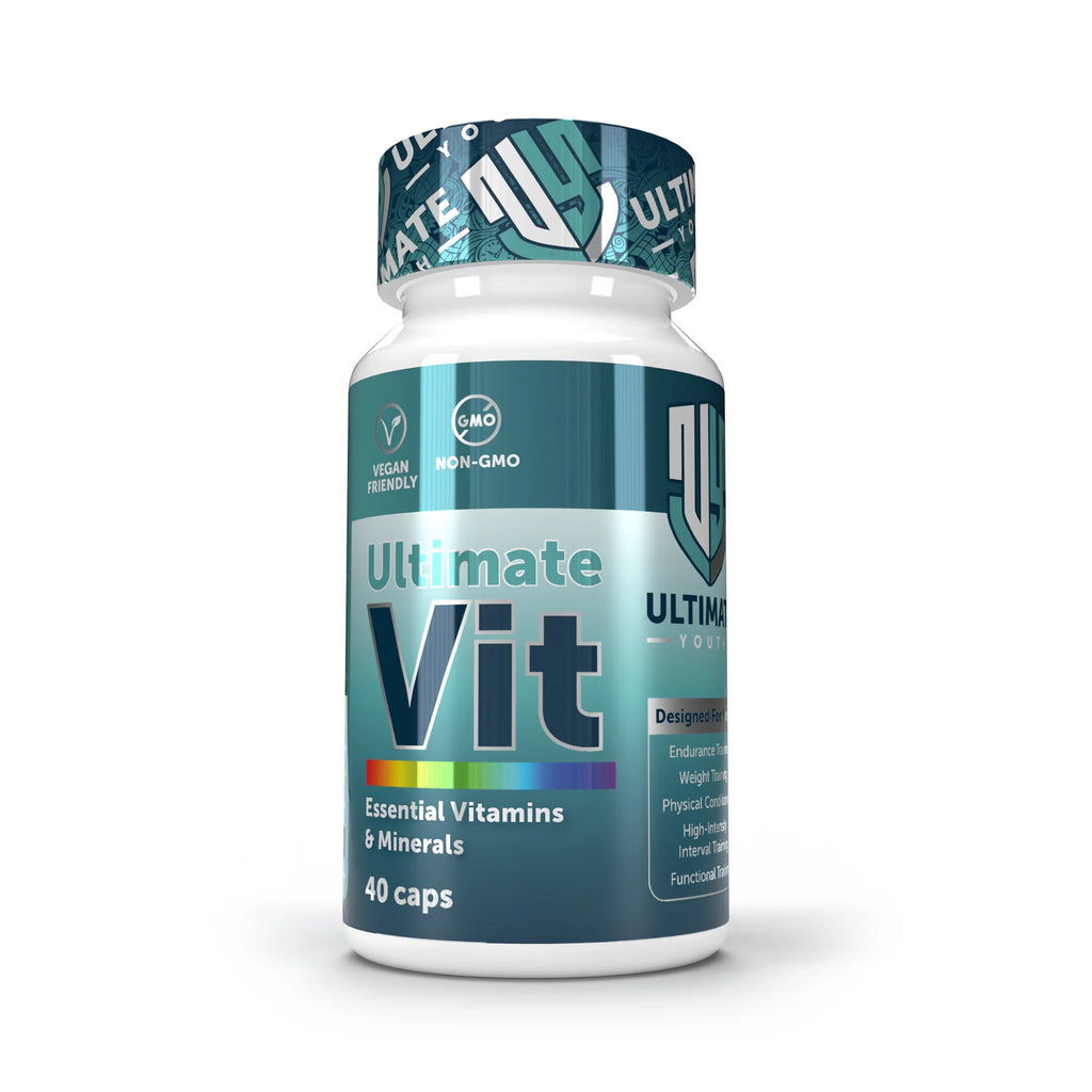 Bottle of Ultimate Vit vitamins on a white background