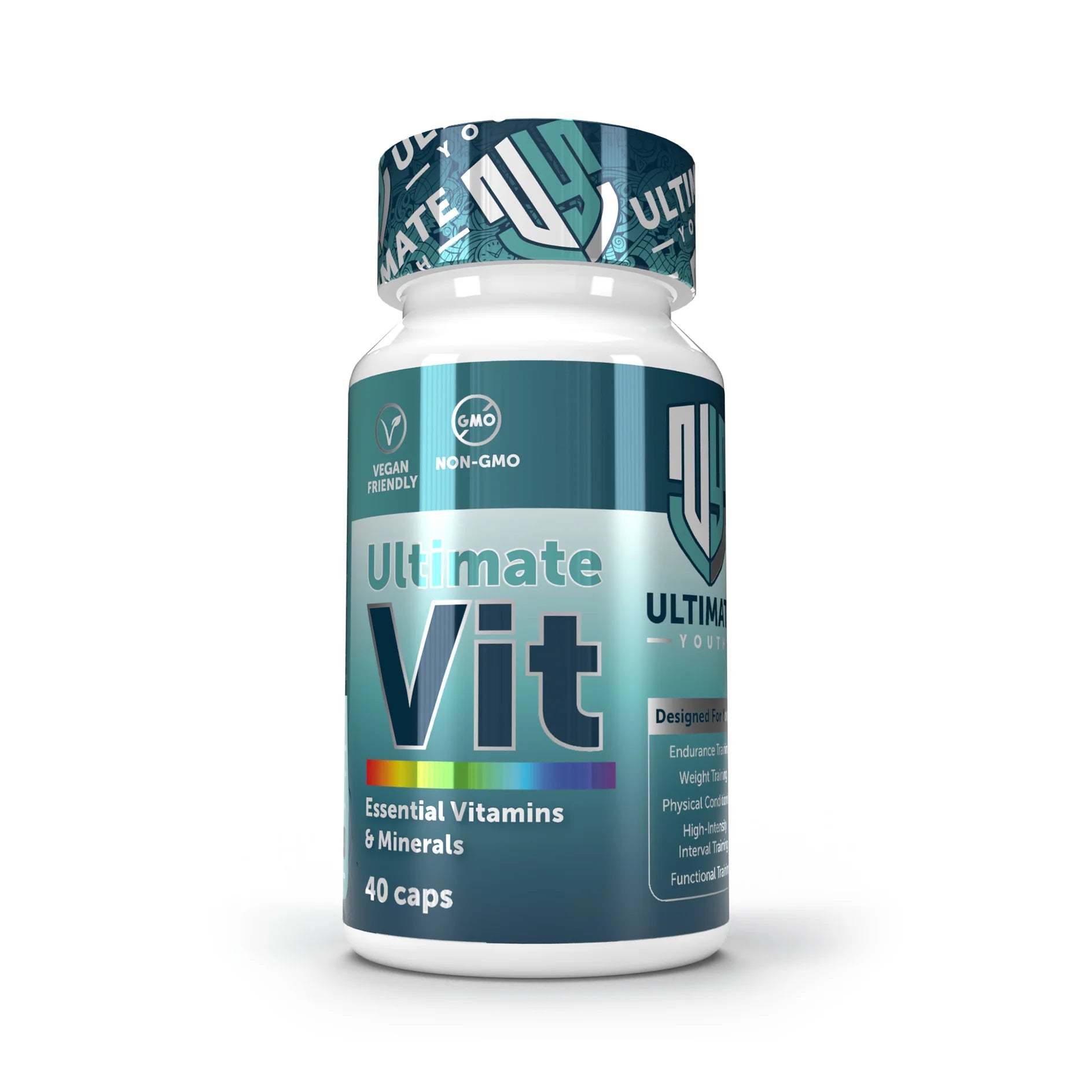 Bottle of Ultimate Vit vitamins on a white background