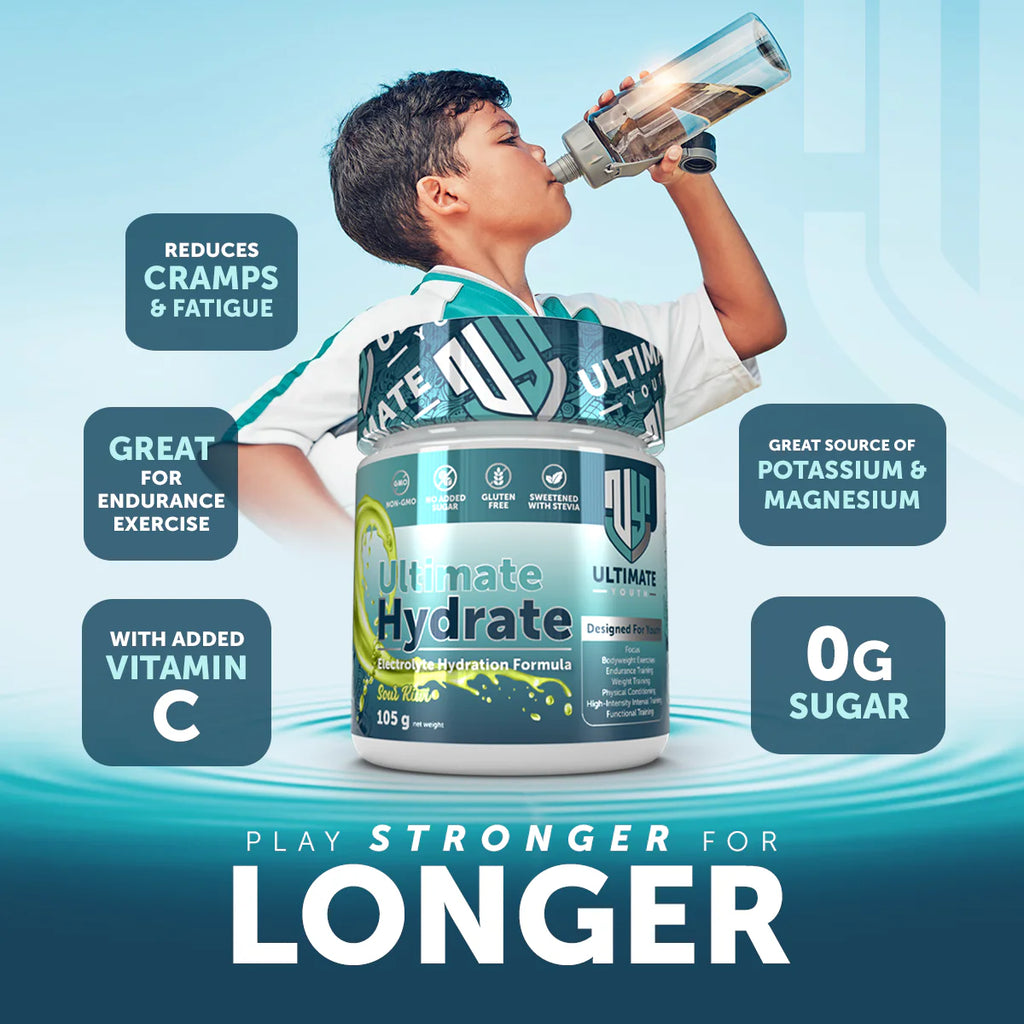 Child drinking from a bottle labeled 'Ultimate Hydrate' with product features highlighted on a blue background.