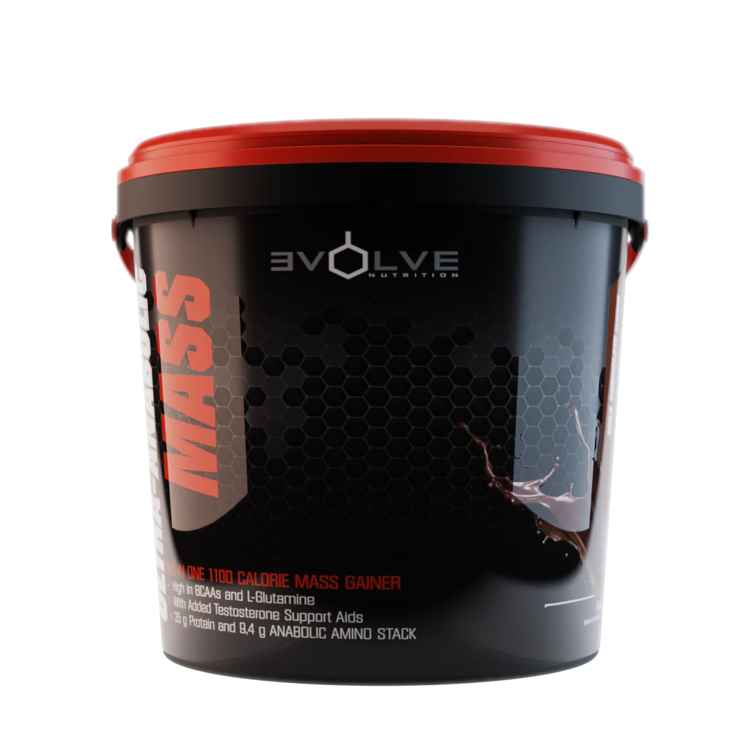 Mass gain supplement container with 'Evolve Nutrition' branding on a white background Muscle Mecca