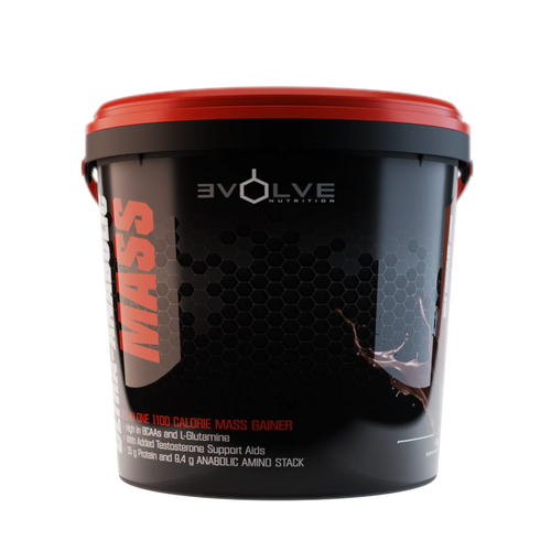 Mass gain supplement container with 'Evolve Nutrition' branding on a white background Muscle Mecca
