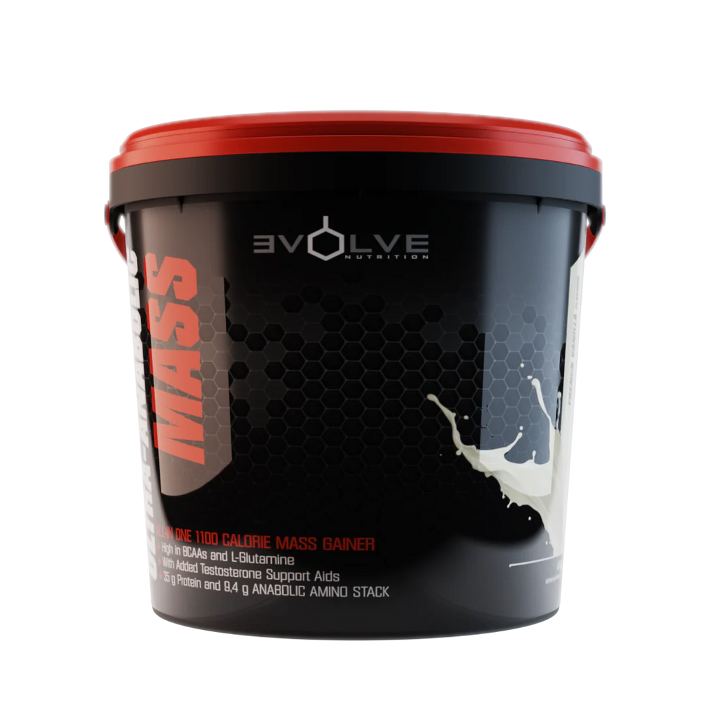 Mass gain supplement container with 'Evolve Nutrition' branding on a white background Muscle Mecca