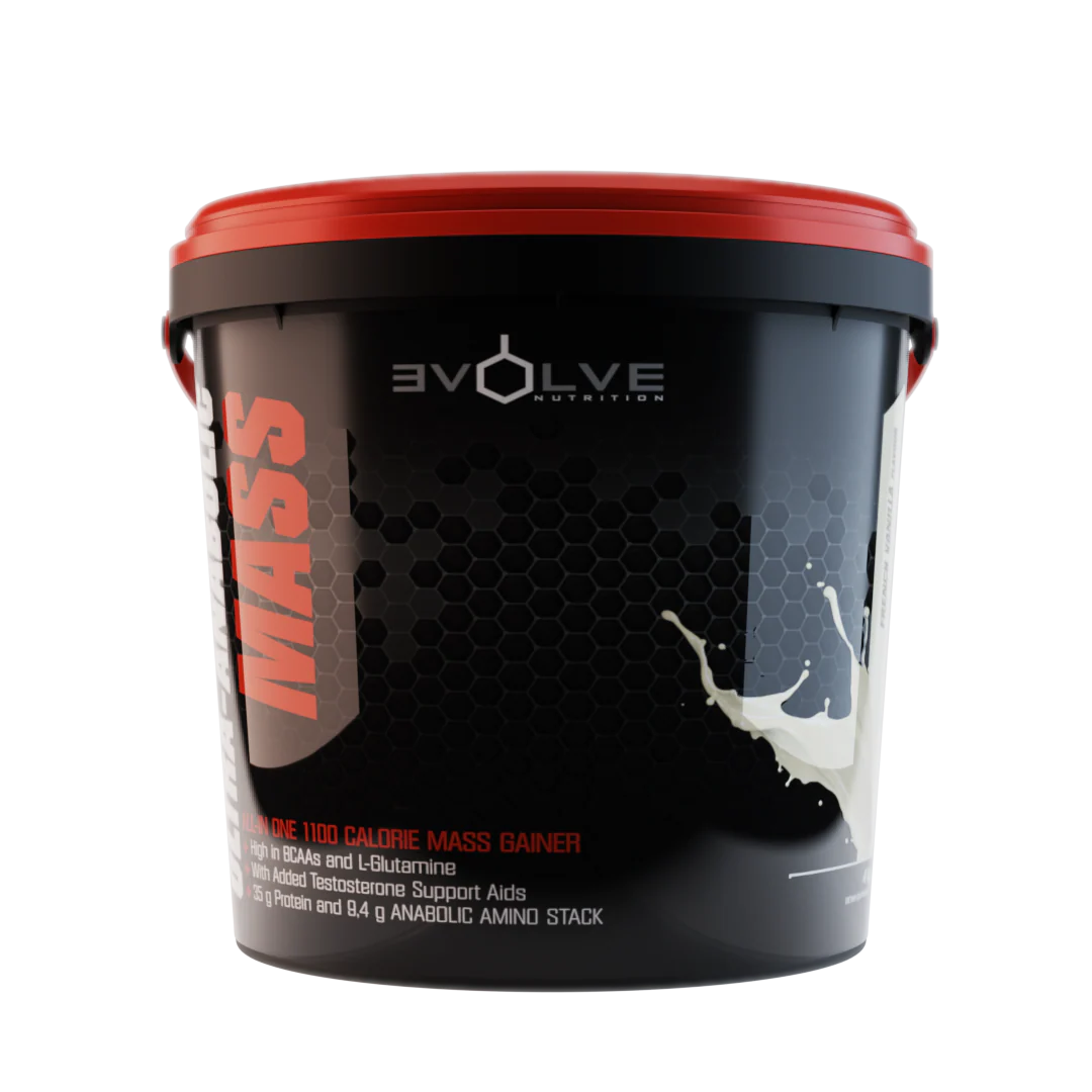 Mass gain supplement container with 'Evolve Nutrition' branding on a white background Muscle Mecca