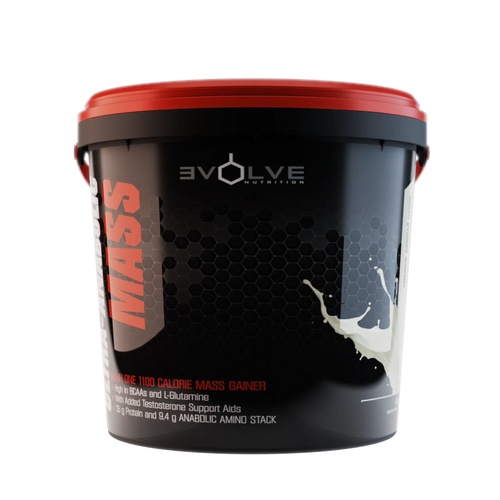Mass gain supplement container with 'Evolve Nutrition' branding on a white background Muscle Mecca