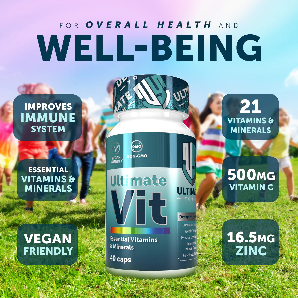 Supplement bottle labeled 'Ultimate Vit' with health benefits text on a grassy background