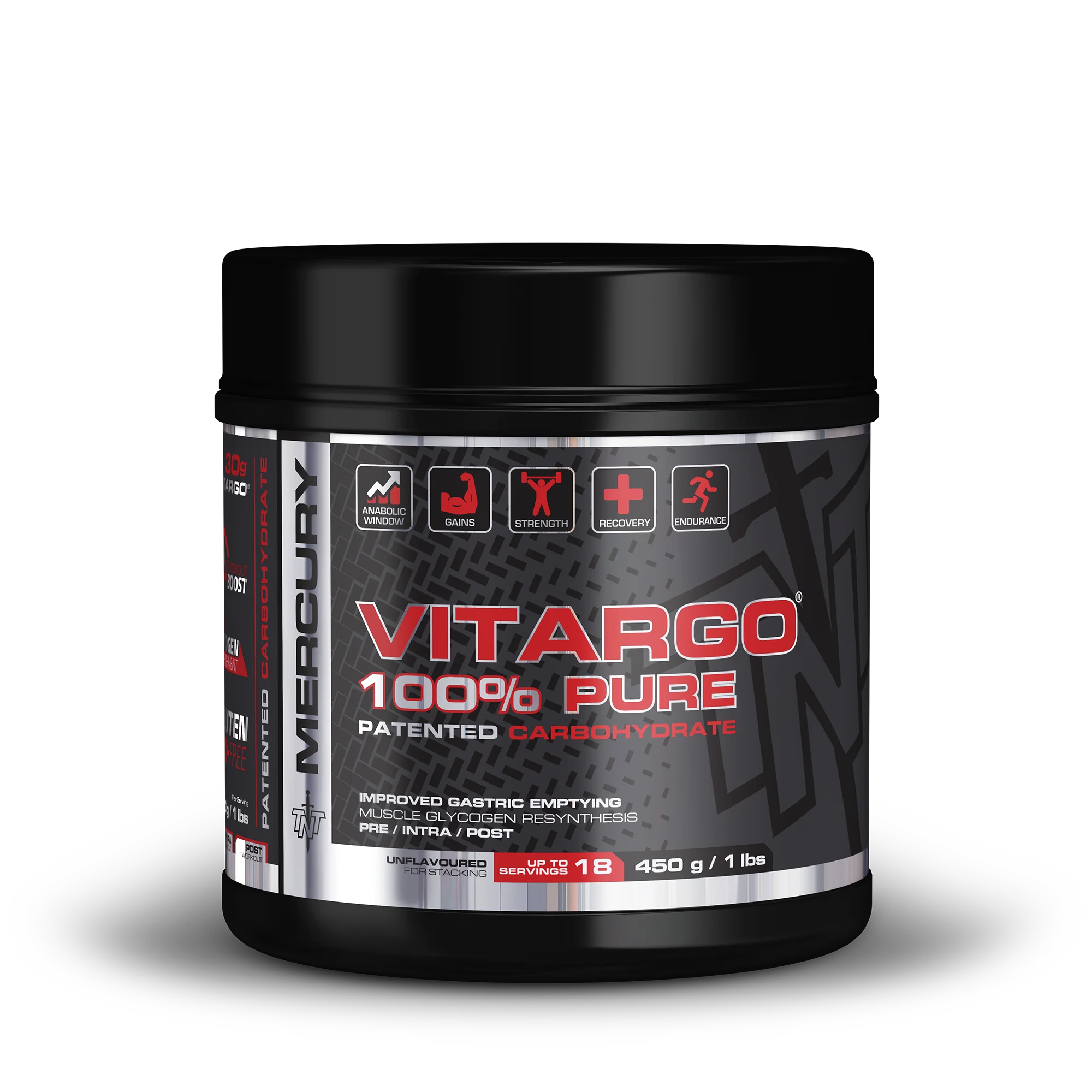 Vitargo 100% Pure supplement container on a white background Muscle Mecca