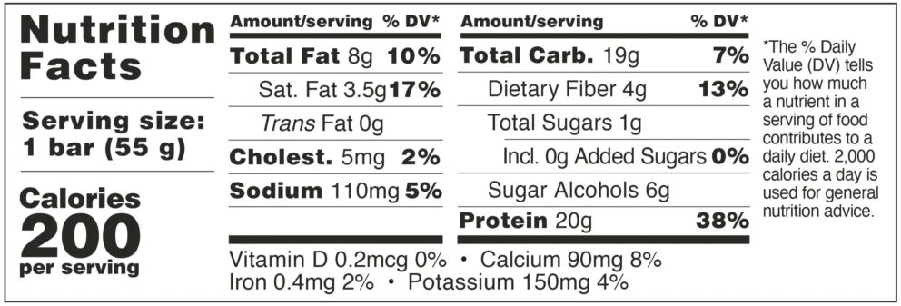 Nutrition label for a bar with detailed nutritional information.