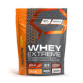 Whey protein powder package with orange and gray design on a white background Muscle Mecca