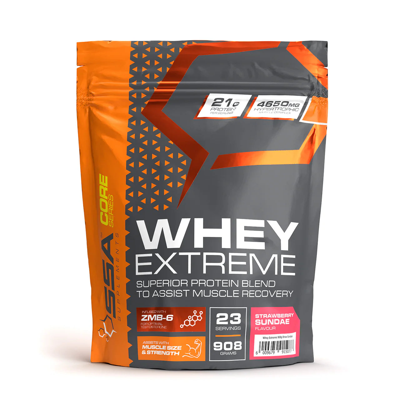 Whey protein powder package with orange and gray design on a white background Muscle Mecca