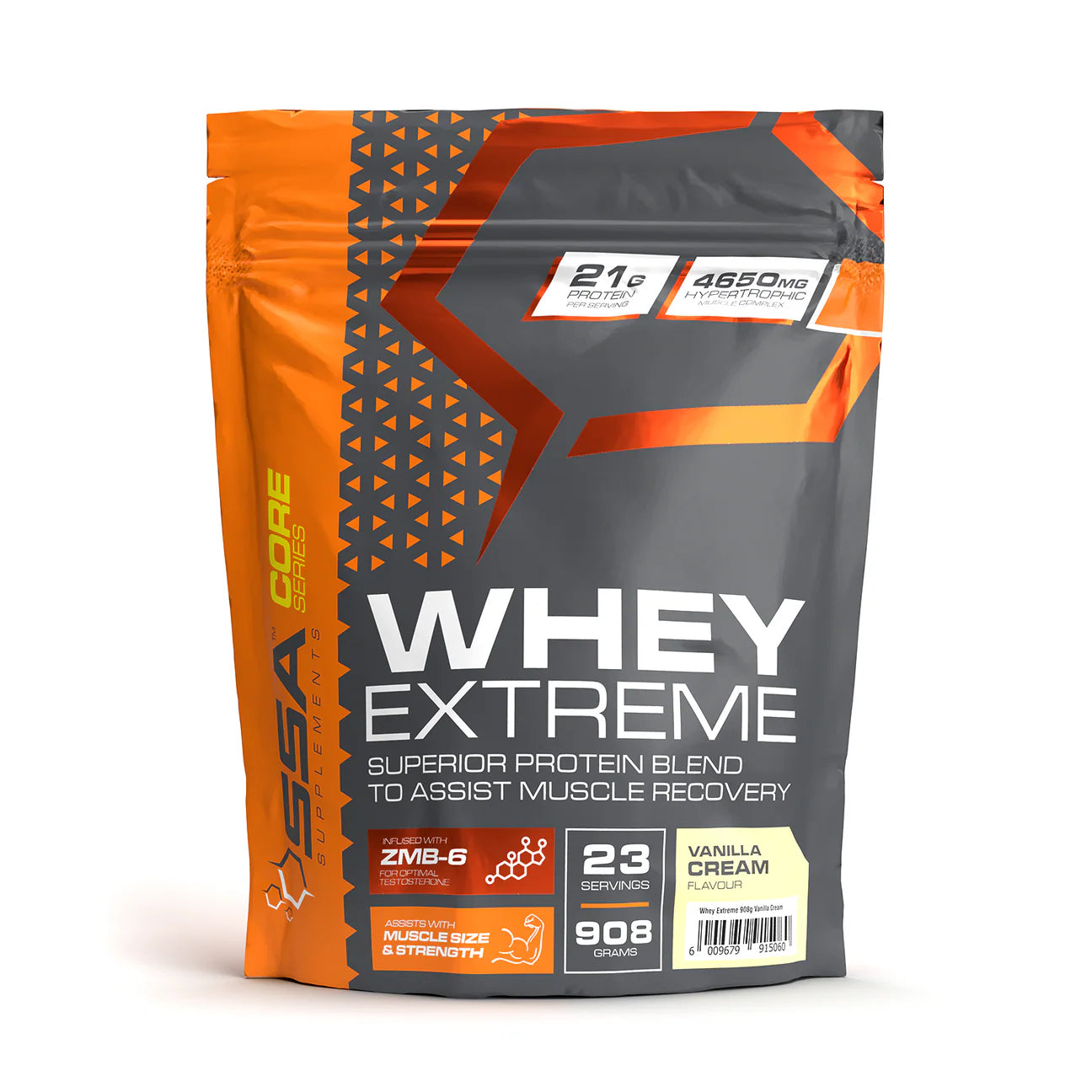 Whey protein powder package with orange and gray design on a white background Muscle Mecca