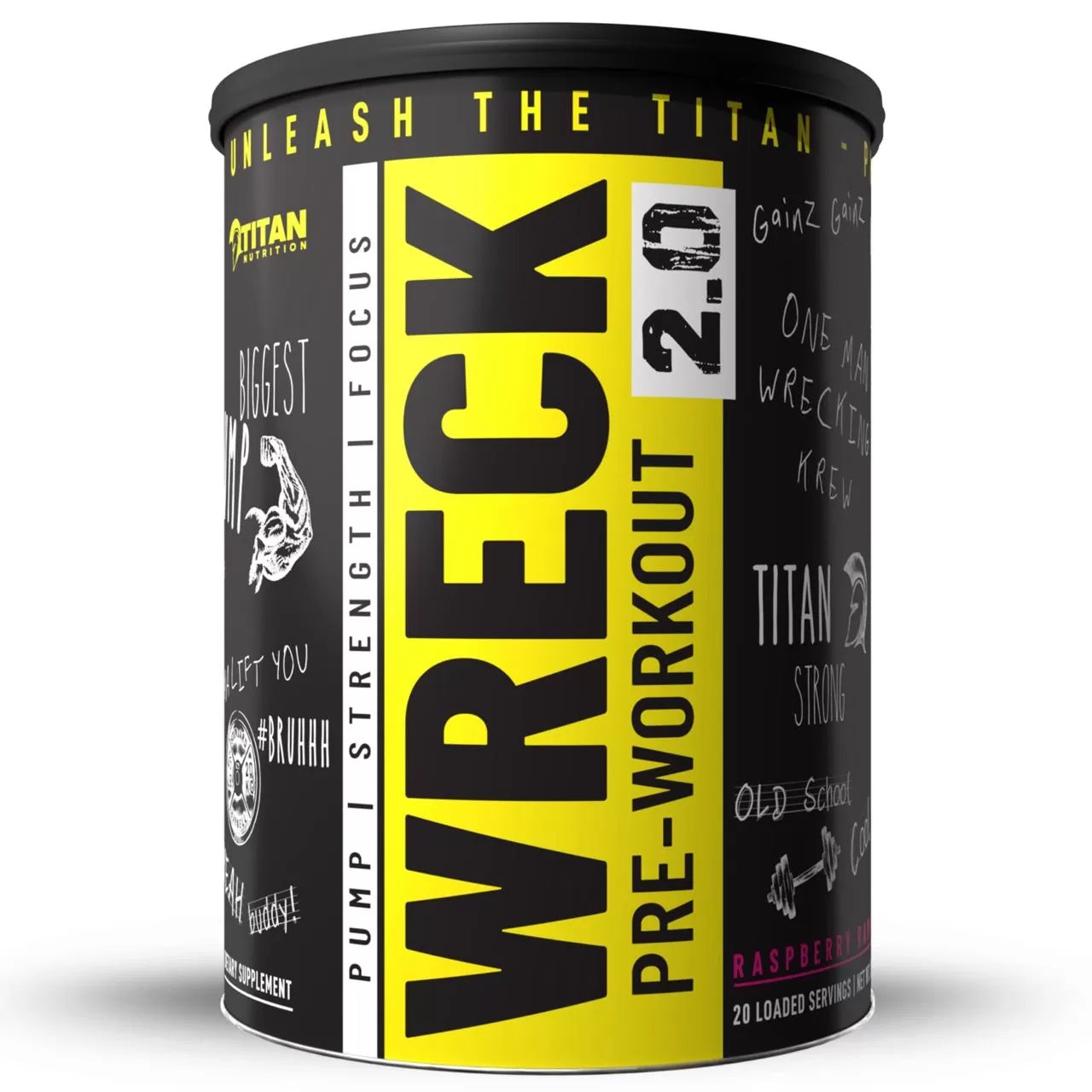 Wreck 2.0 pre-workout supplement container with black and yellow design on a white background Muscle Mecca