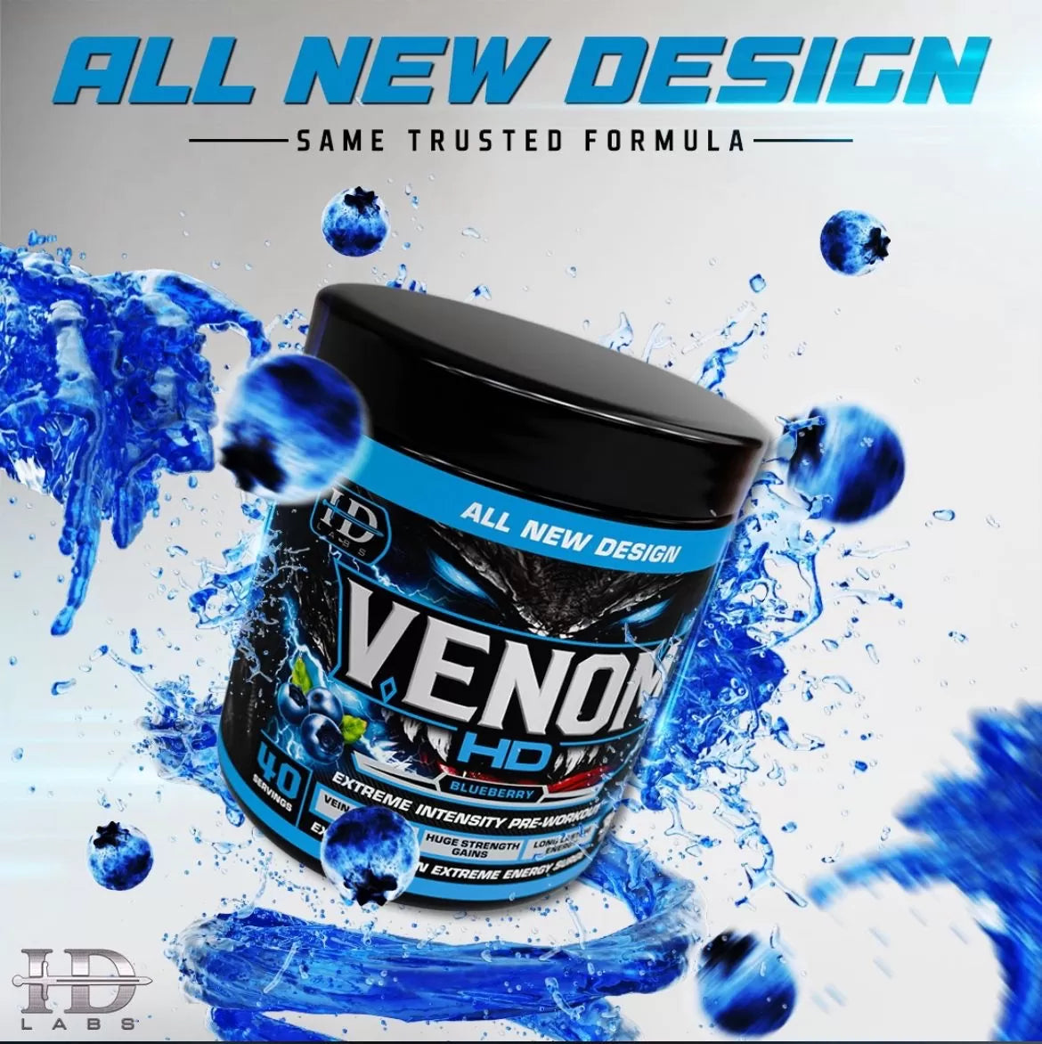 Container of Venom HD with blueberries and 'All New Design' text on a gray background Muscle Mecca