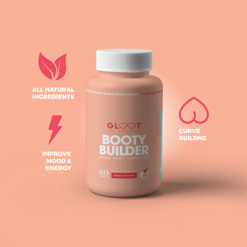 Supplement bottle labeled 'Booty Builder' with icons and text on a peach background