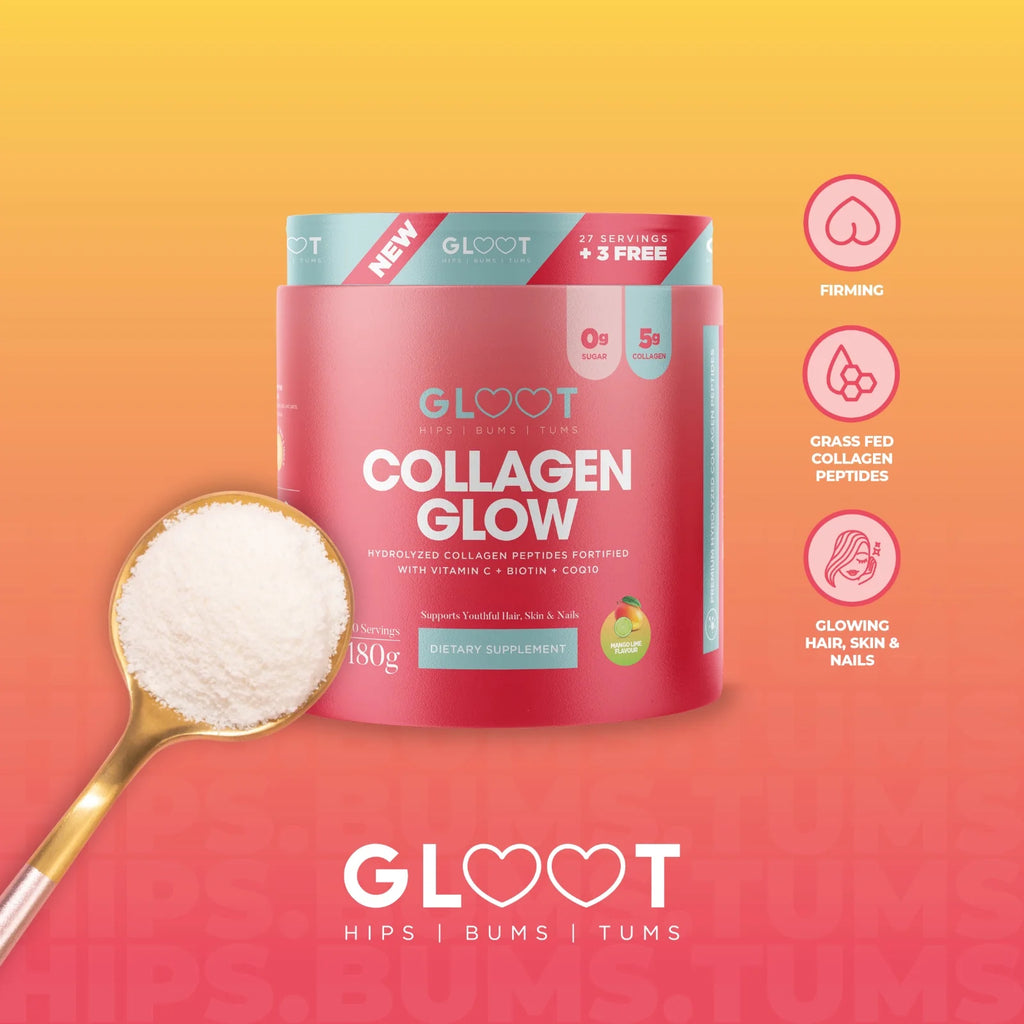 Gloot Collagen Glow supplement container with a spoonful of powder on a gradient background Muscle Mecca