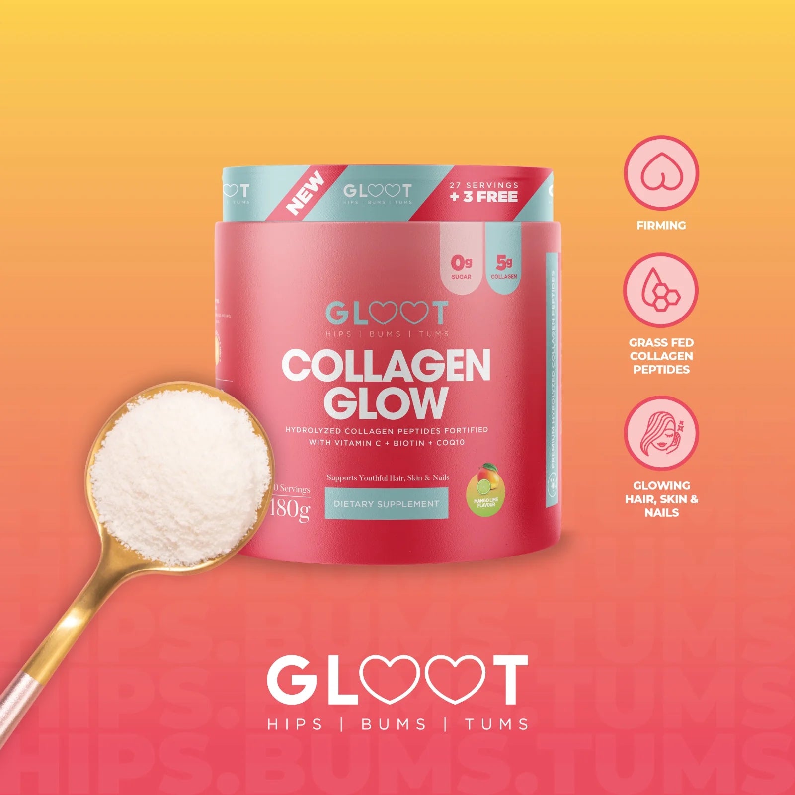 Gloot Collagen Glow supplement container with a spoonful of powder on a gradient background Muscle Mecca