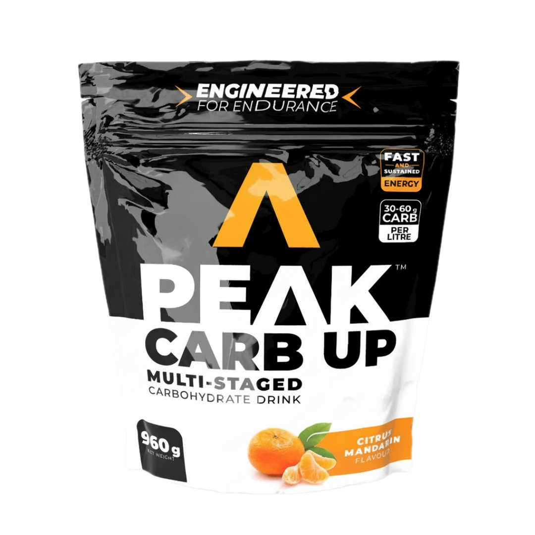 Peak Carb Up multi-staged carbohydrate drink package on a white background