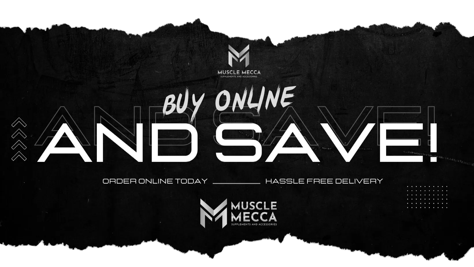 Promotional banner for Muscle Mecca with text 'Buy Online and Save!' on a black