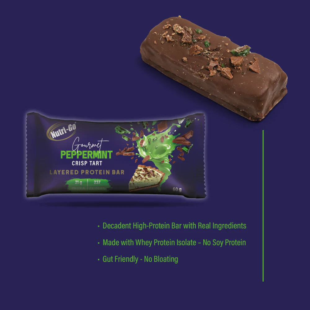 Nutri-Go peppermint crisp tart layered protein bar with packaging on a blue background Muscle Mecca