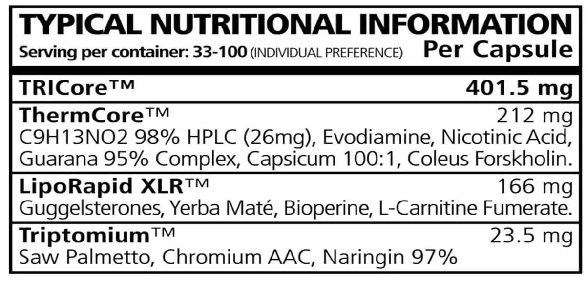 Nutritional information label for a supplement with various active ingredients listed.