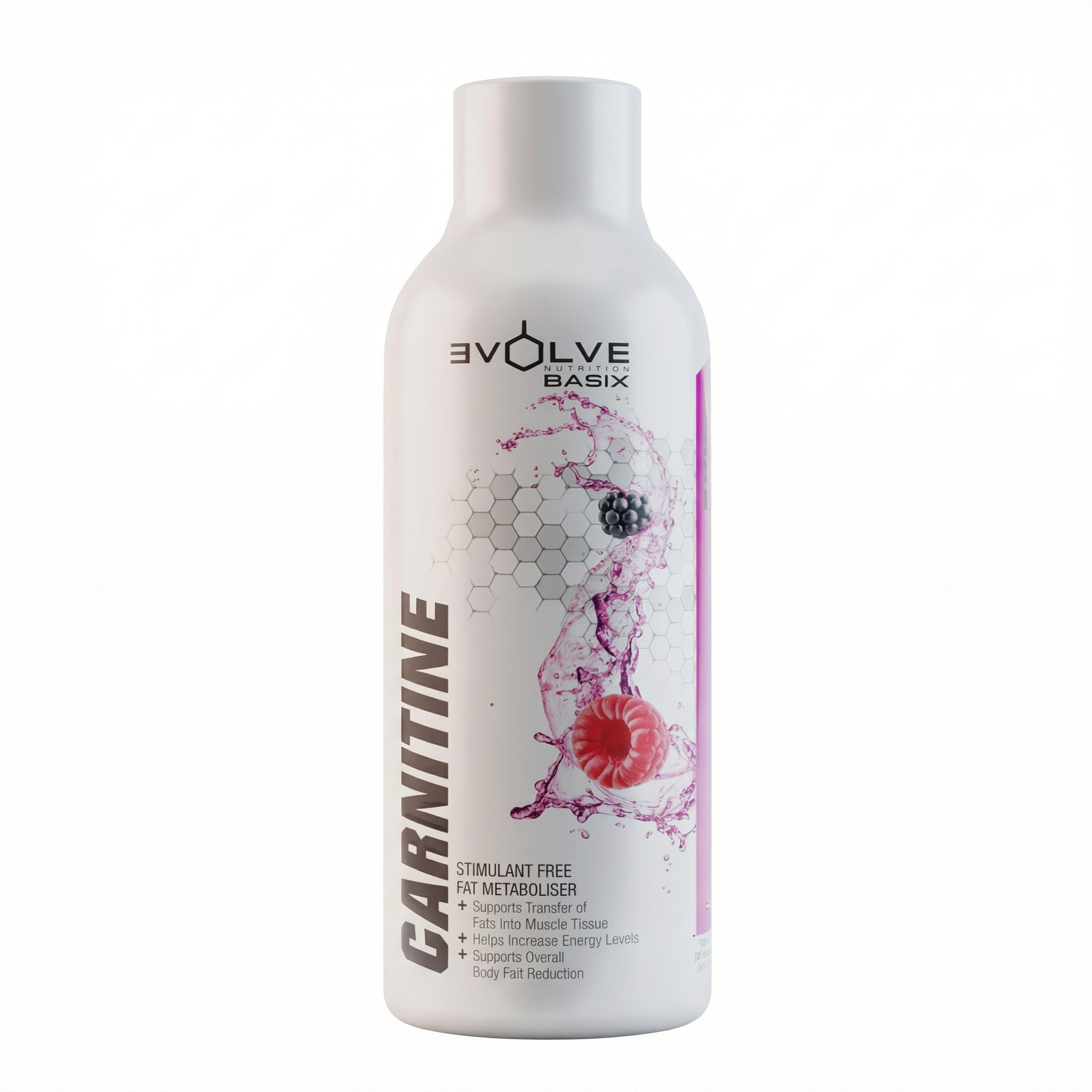 Bottle of Evolve Basix Carnitine Berries supplement on a white background Muscle Mecca 1