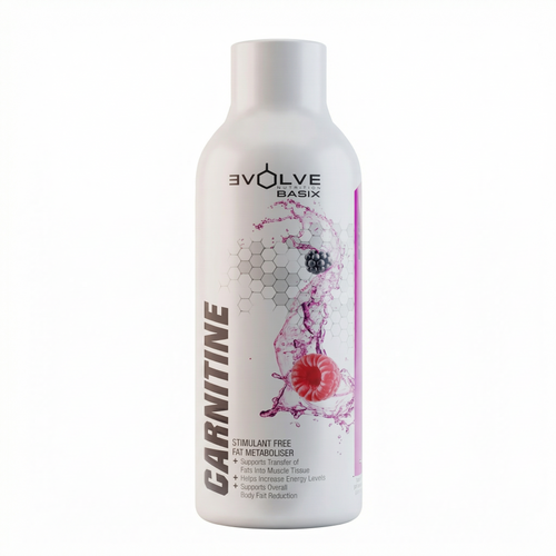 Bottle of Evolve Basix Carnitine Berries supplement on a white background Muscle Mecca 1