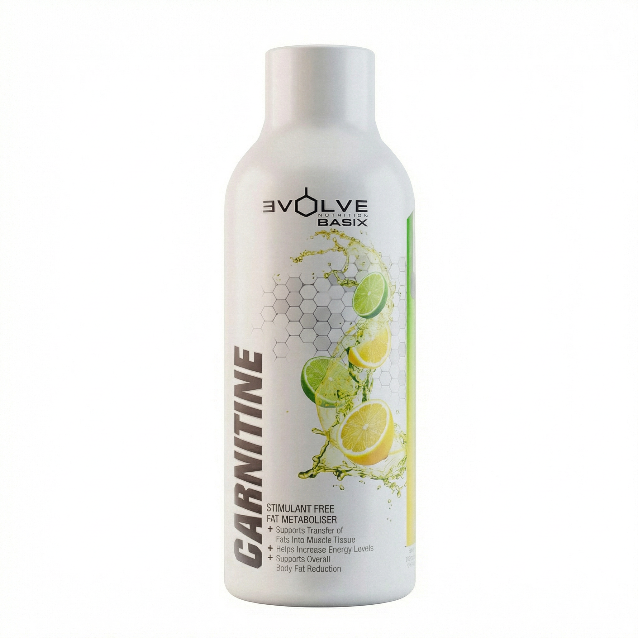 Bottle of Evolve Basix Carnitine Lemon and Lime supplement on a white background Muscle Mecca 