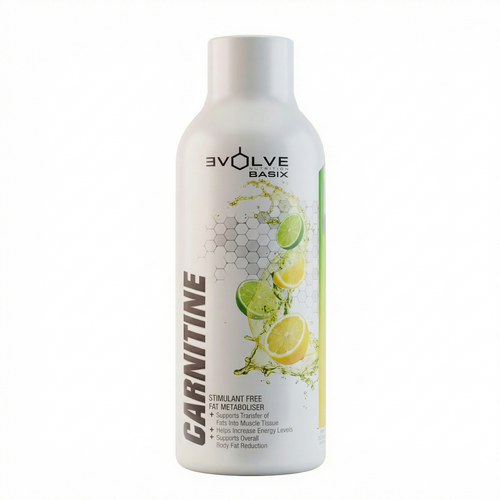 Bottle of Evolve Basix Carnitine Lemon and Lime supplement on a white background Muscle Mecca 
