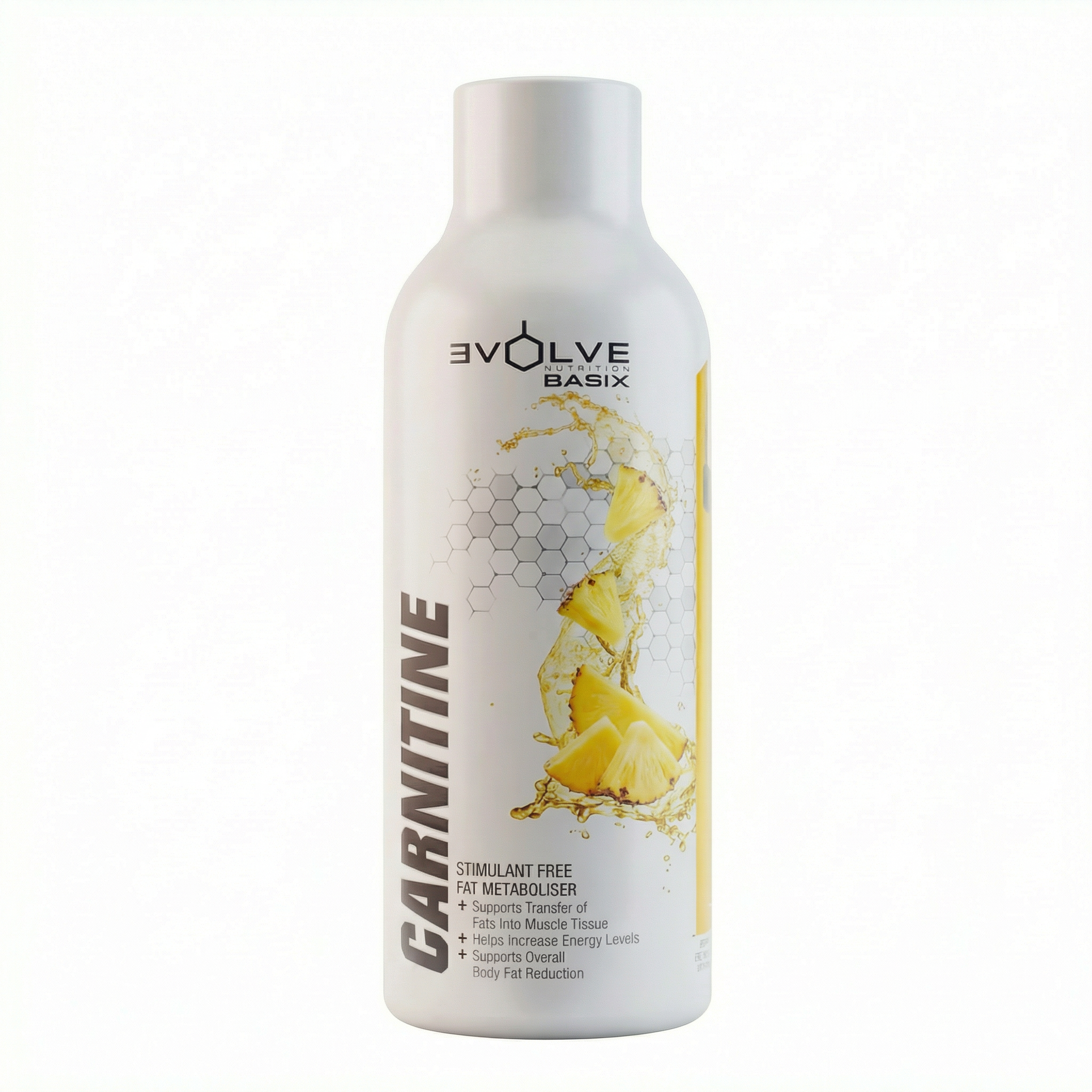 Bottle of Evolve Basix Carnitine Pineapple supplement on a white background Muscle Mecca 1