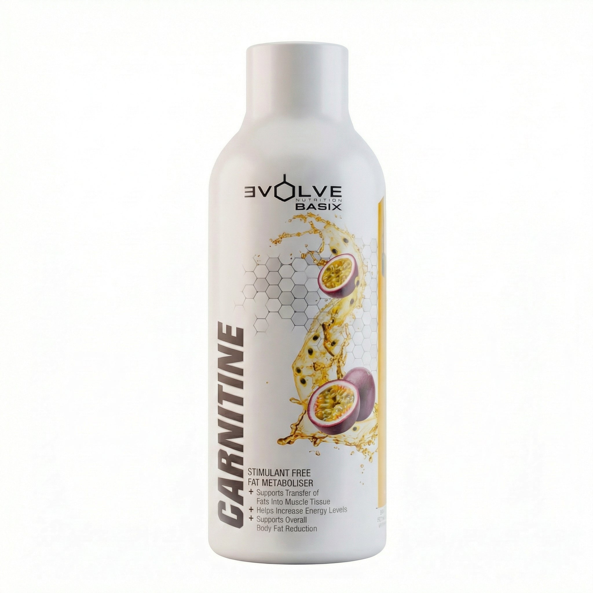 Bottle of Evolve Basix Carnitine supplement on a white background