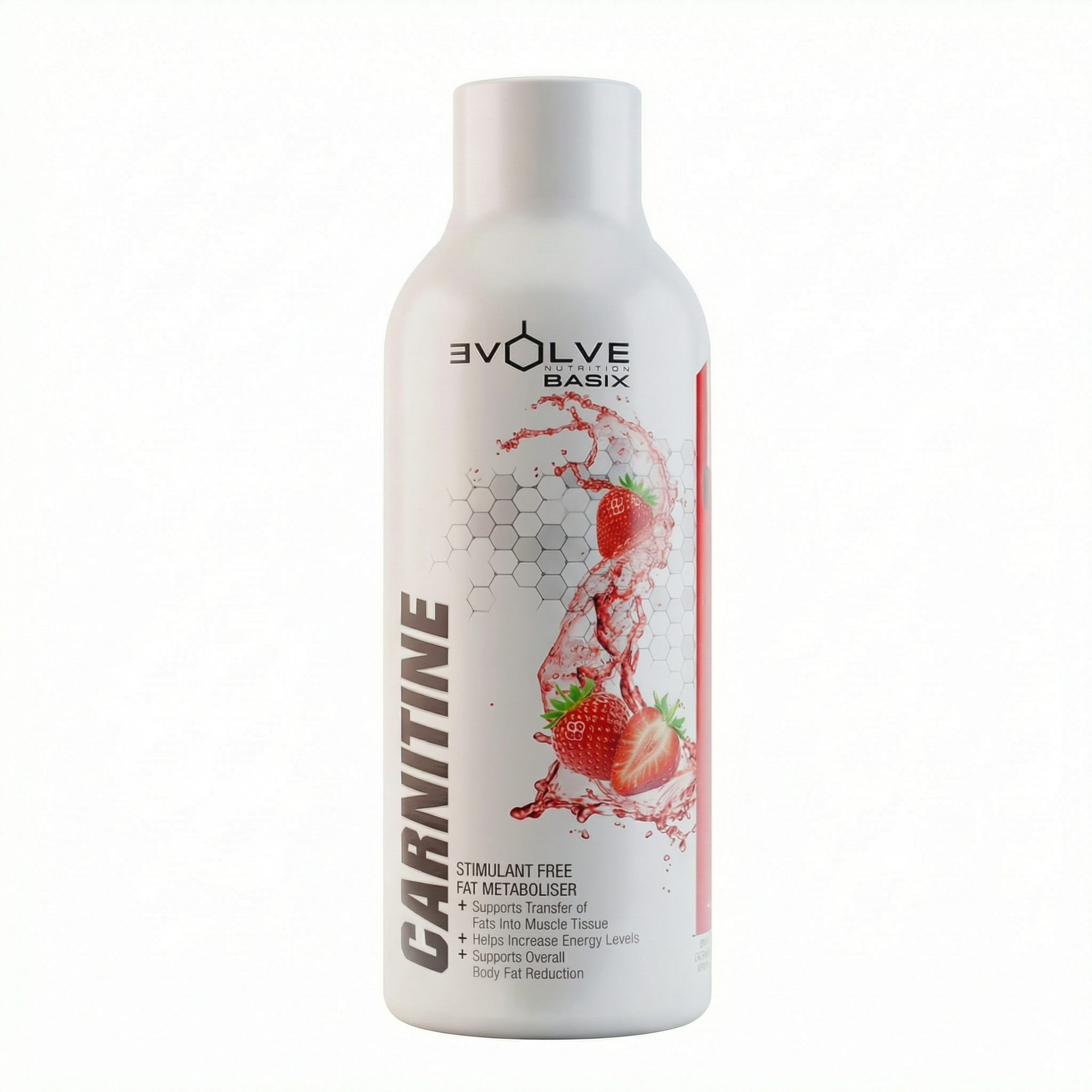 Bottle of Evolve Basix Carnitine Strawberry supplement on a white background Muscle Mecca 1