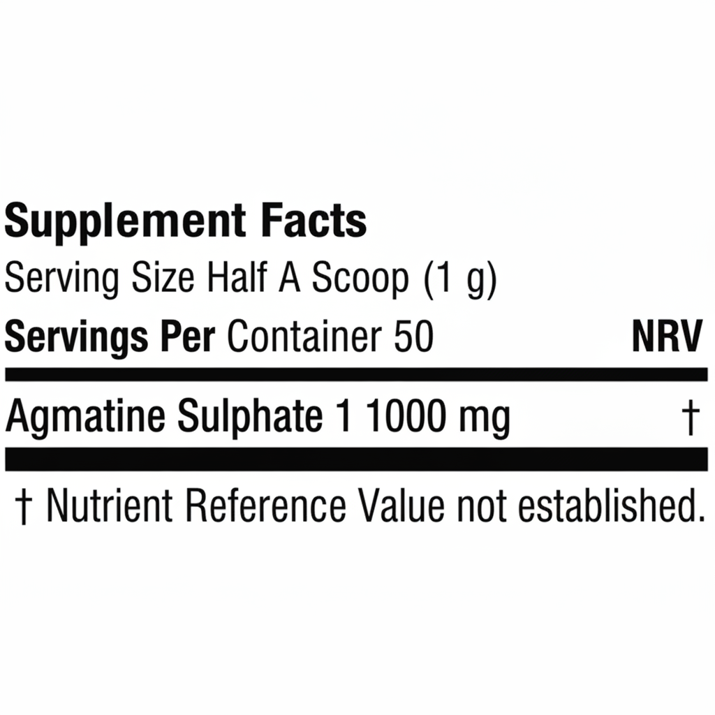 Supplement facts label with agmatine sulphate on a white background