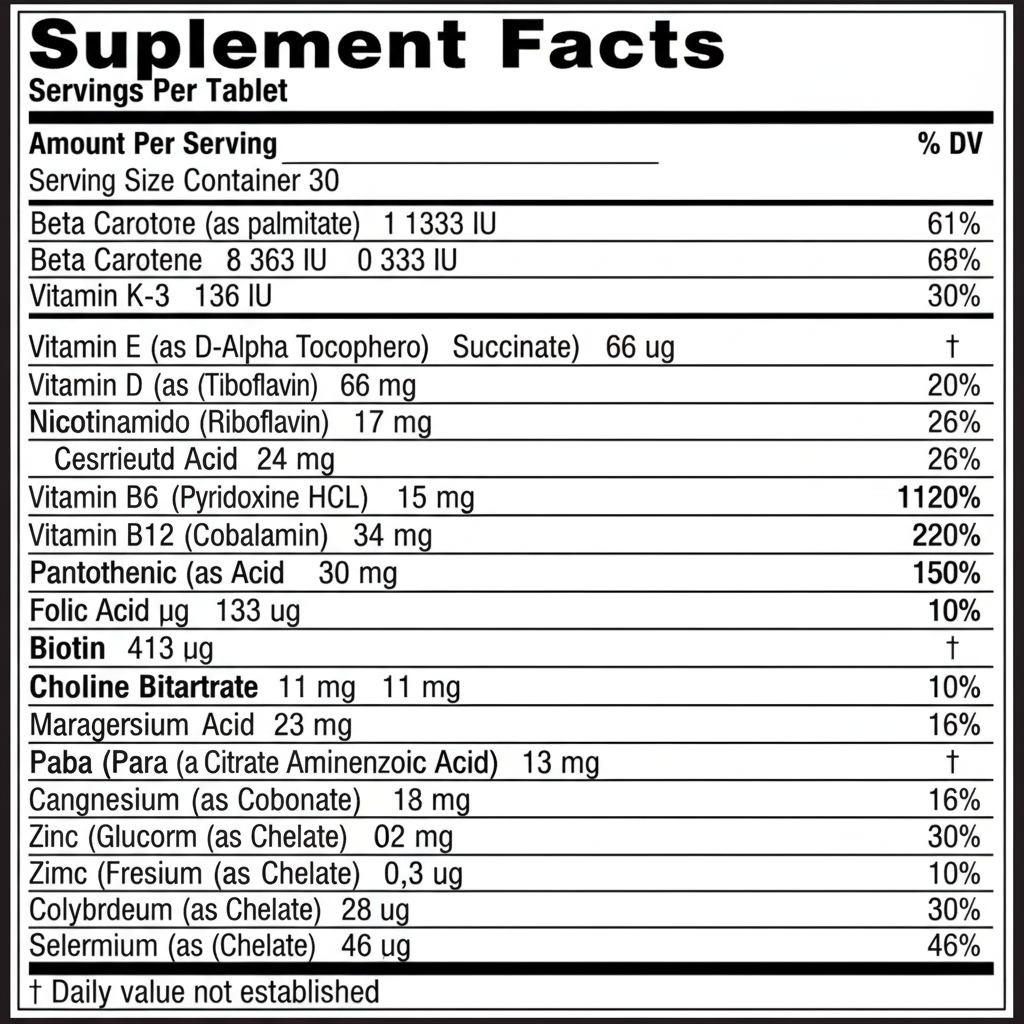 Supplement facts label with detailed nutritional information on a black background 