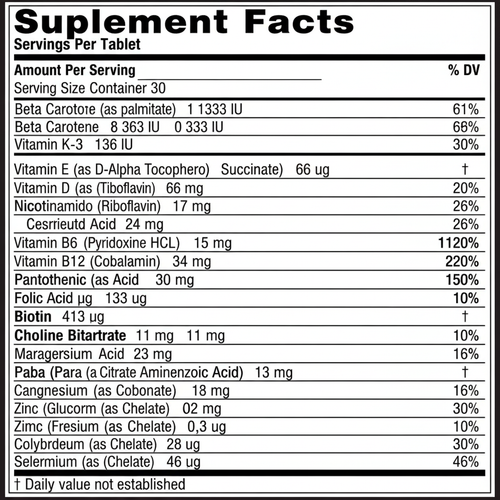 Supplement facts label with detailed nutritional information on a black background 