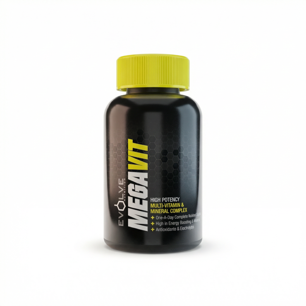 Black supplement bottle with yellow cap labeled 'MEGAVIT' on a white background Muscle Mecca