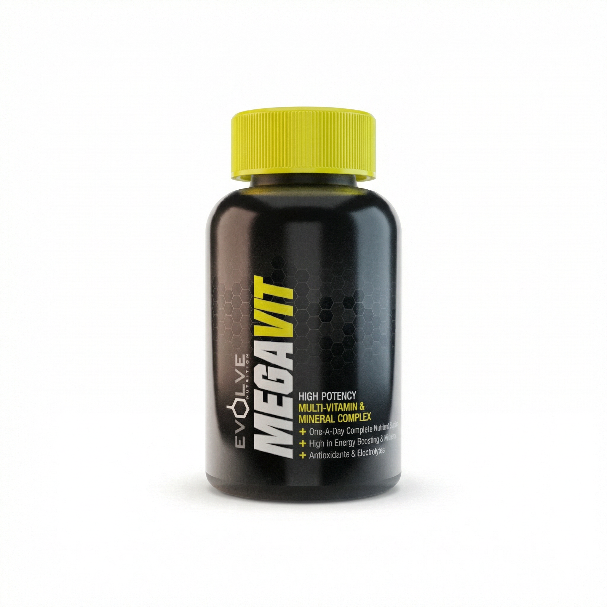 Black supplement bottle with yellow cap labeled 'MEGAVIT' on a white background Muscle Mecca