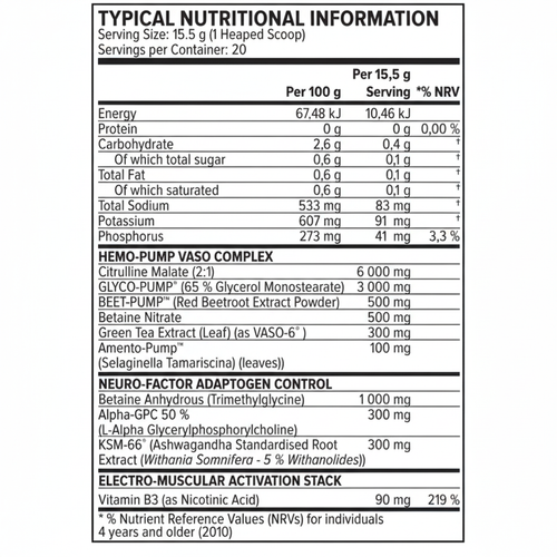 Nutritional information label for a supplement with detailed ingredient list on a white background
