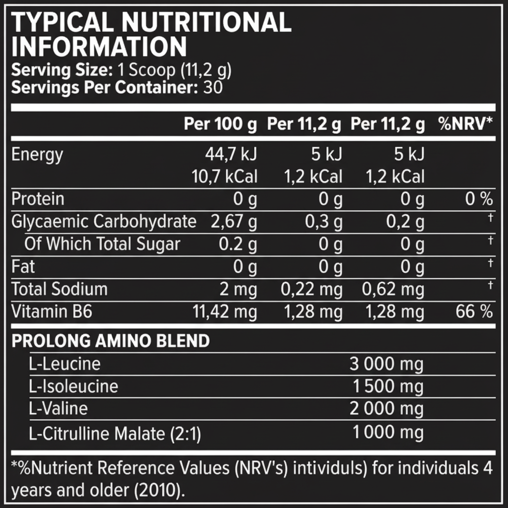 Nutritional information label for a product with serving size, calories, and amino acid content.