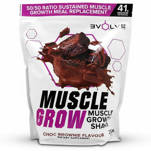 Package of Evolve Muscle Grow Chocolate Brownie Flavour meal replacement shake. Muscle Mecca