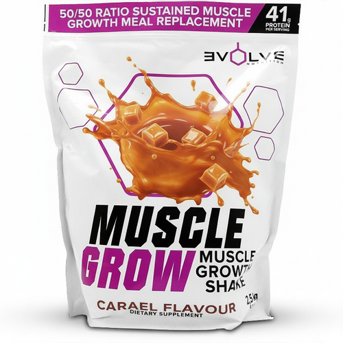 Package of Muscle Grow dietary supplement with caramel flavor on a white background Muscle Mecca