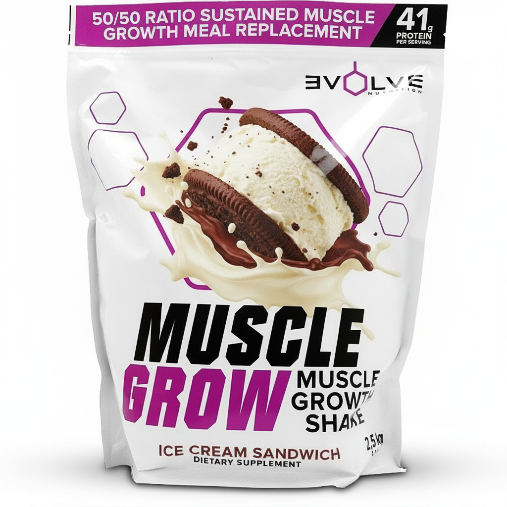 Package of Evolve Muscle Grow Muscle Growth Shake in Ice Cream Sandwich flavor on a white background Muscle Mecca