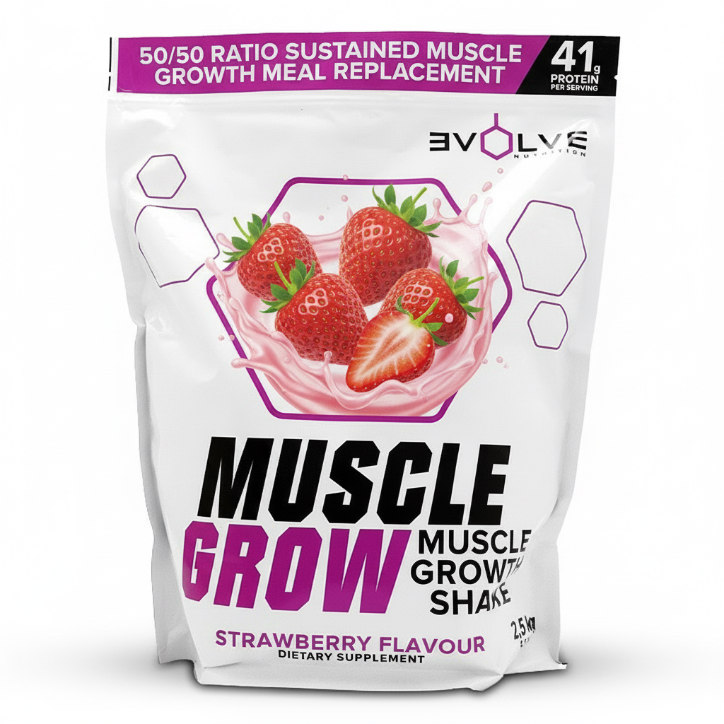 Package of Evolve Muscle Grow Strawberry Flavour Shake on a white background Muscle Mecca
