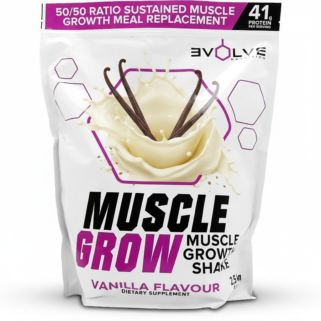 Package of Evolve Muscle Grow Vanilla Flavour dietary supplement on a white background Muscle Mecca
