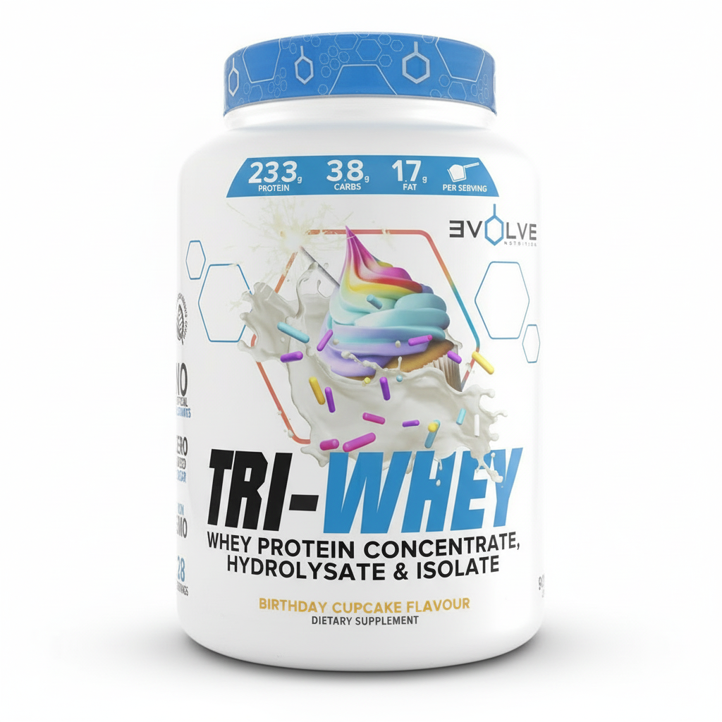 Tri-Whey protein supplement container with birthday cupcake flavor on a white background Muscle Mecca