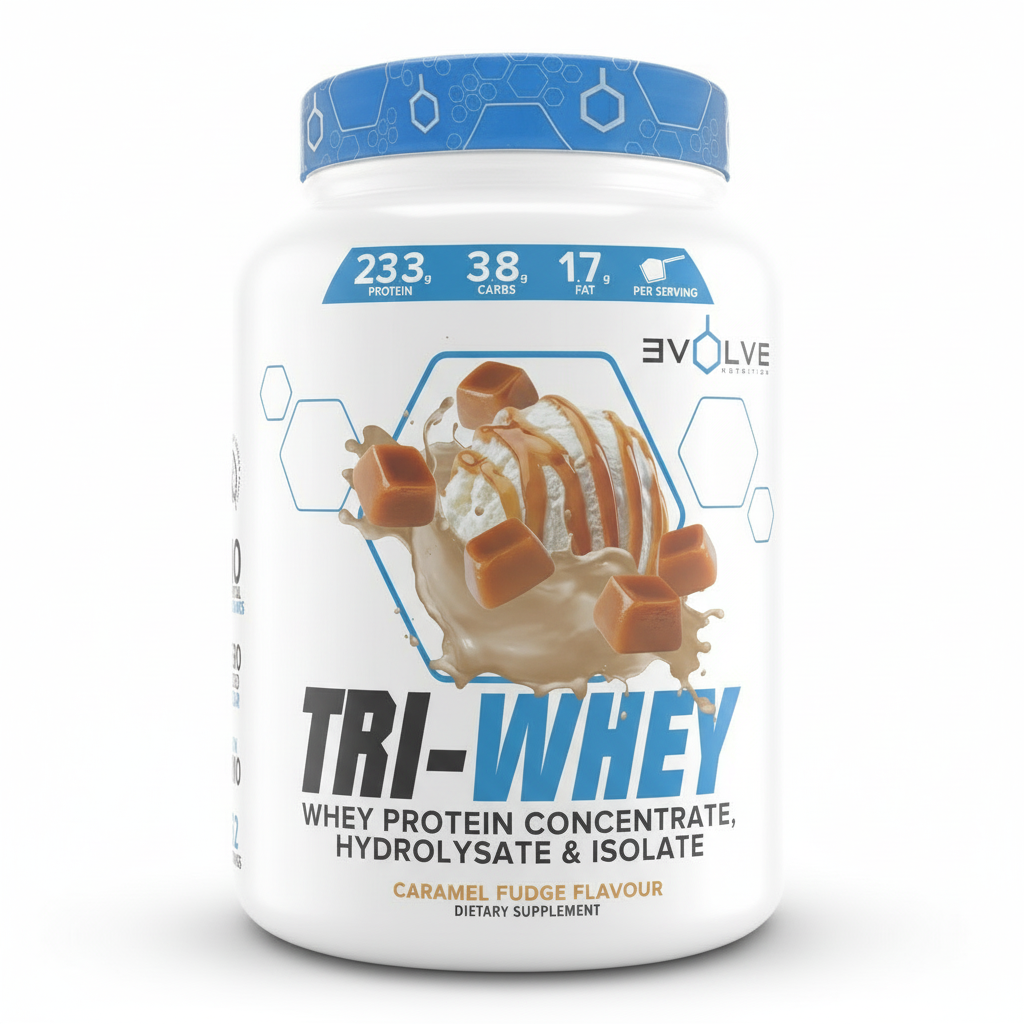 Tri-Whey protein supplement container with caramel fudge flavor on a white background Muscle Mecca