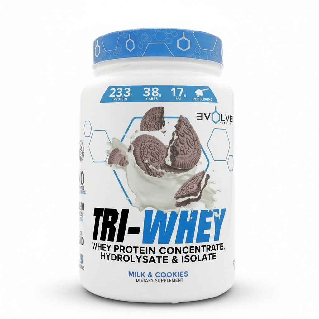 Tri-Whey protein supplement container with blue and white design on a white background Muscle Mecca