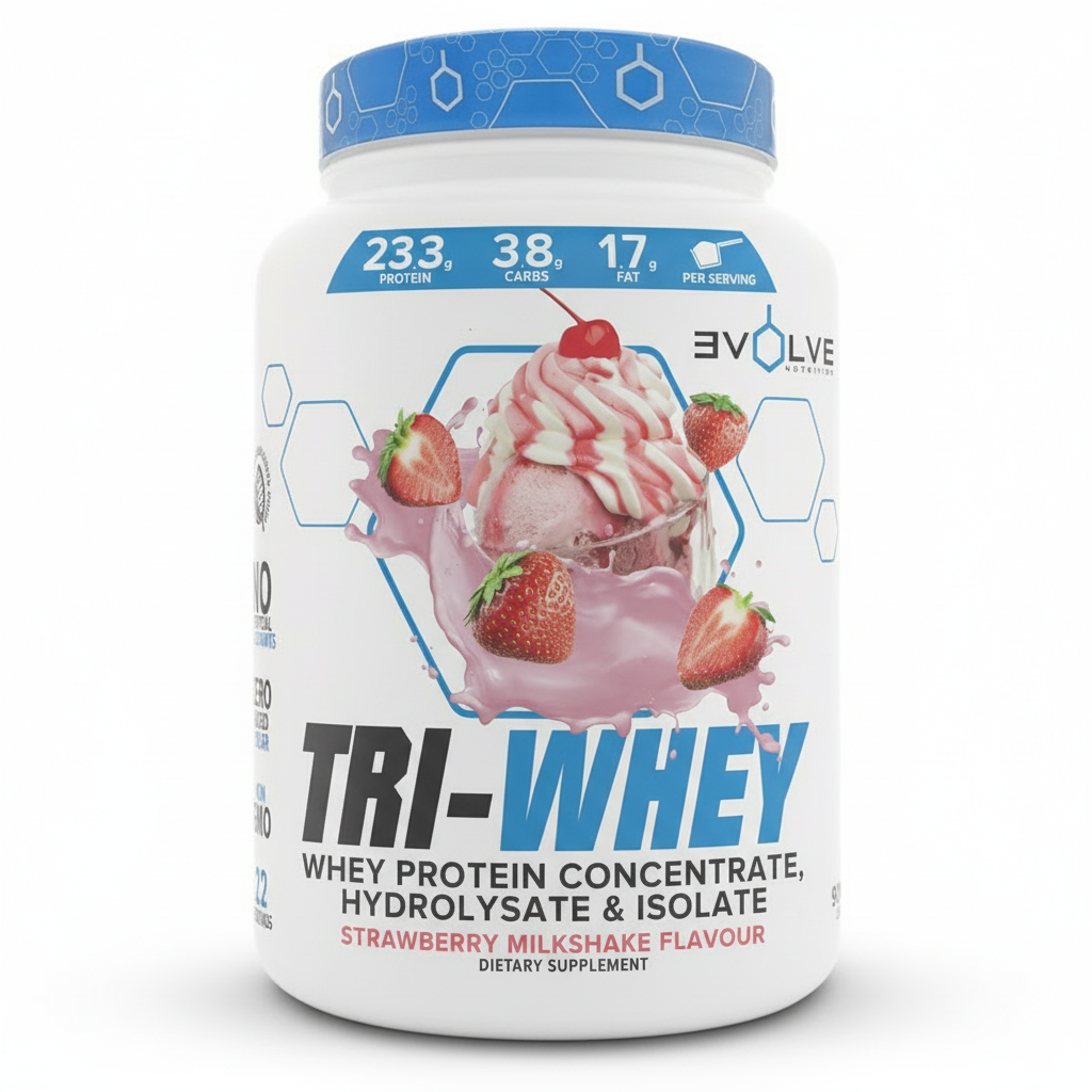 Tri-Whey protein powder container with strawberry milkshake flavor on a white background Muscle Mecca