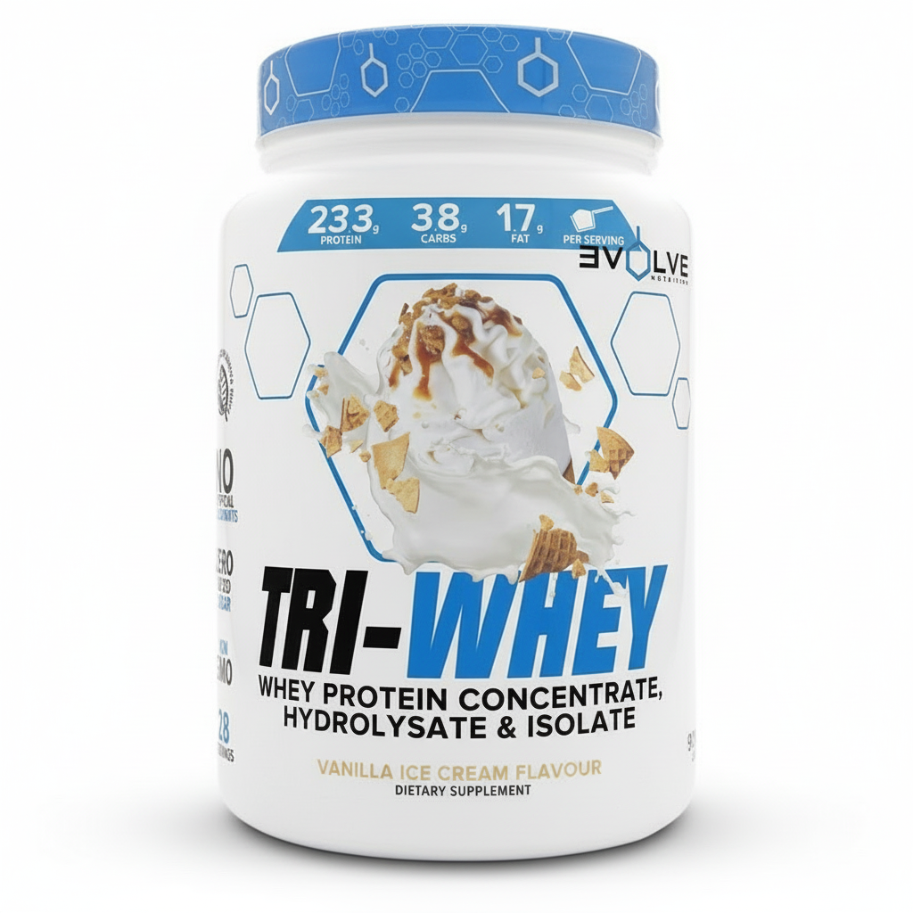 Tri-Whey protein supplement container with vanilla ice cream flavor on a white background Muscle Mecca