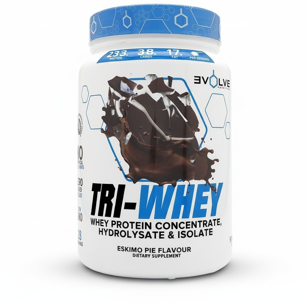 Tri-Whey protein powder container with chocolate flavor on a white background Muscle Mecca