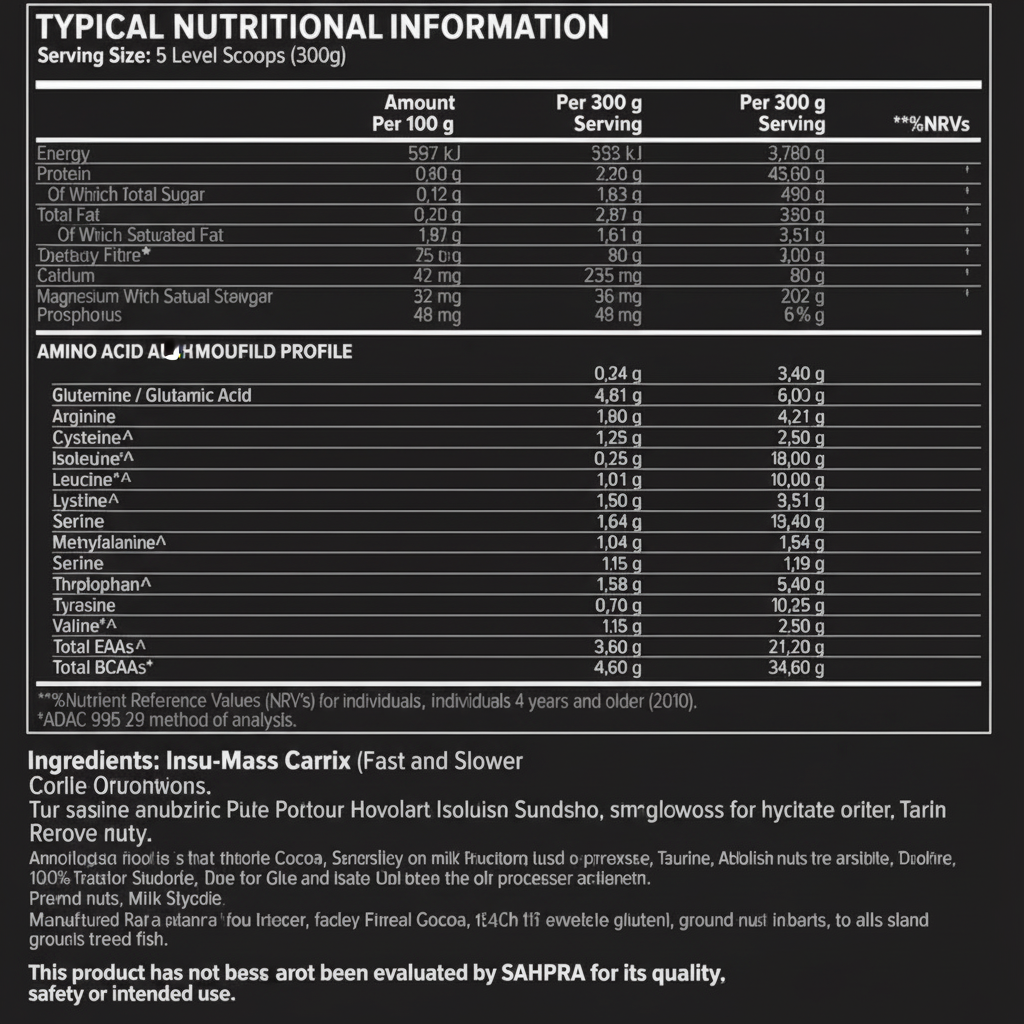 Nutritional information and amino acid profile of a supplement on a black background