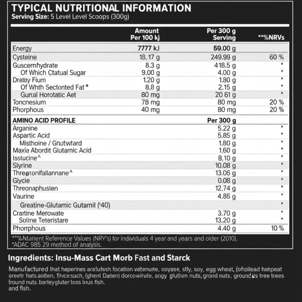 Nutritional information label for a supplement with detailed ingredient list.